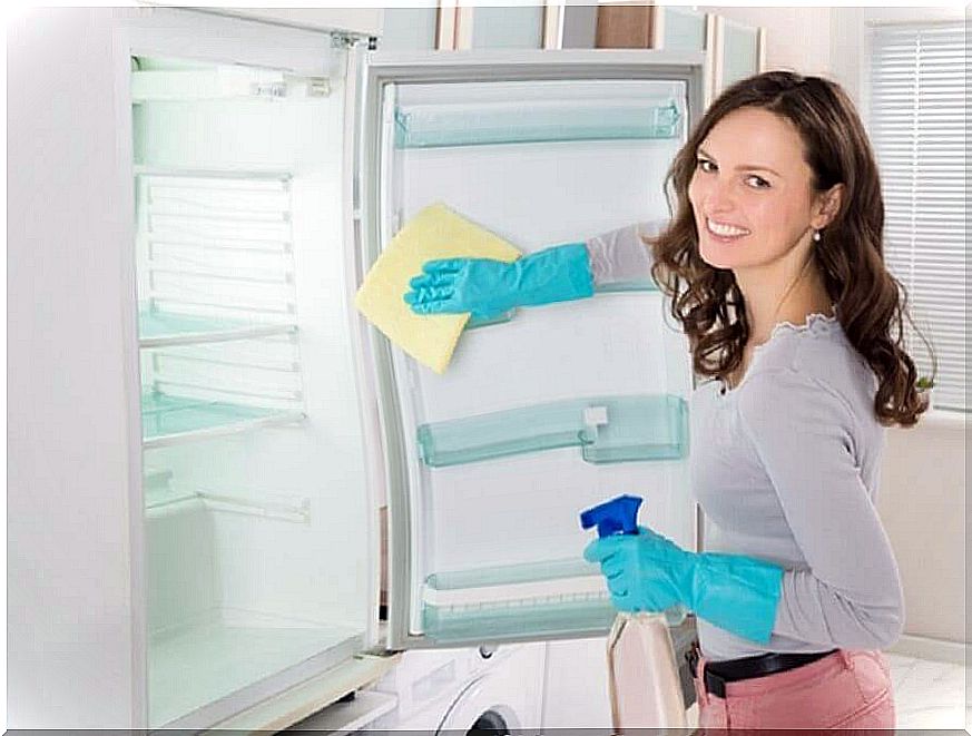 Woman cleans refrigerator