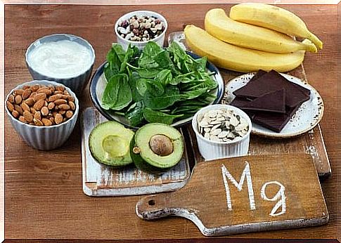 Various foods are shown that contain magnesium, such as bananas, almonds and avocados.